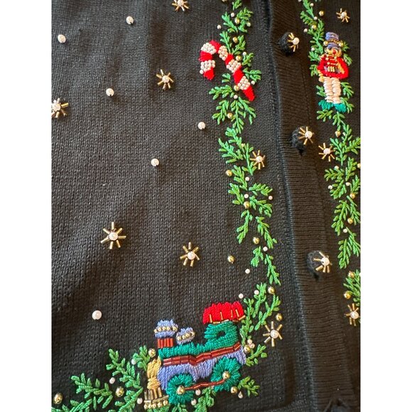Victoria Jones Petite Holiday Sweater Vest Embroidered Black PL Vintage 80s - Picture 4 of 6